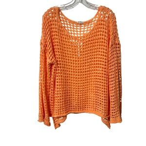 POL Neon Orange Open Knit Oversized Sweater Womens Medium Scoop Neck Boho